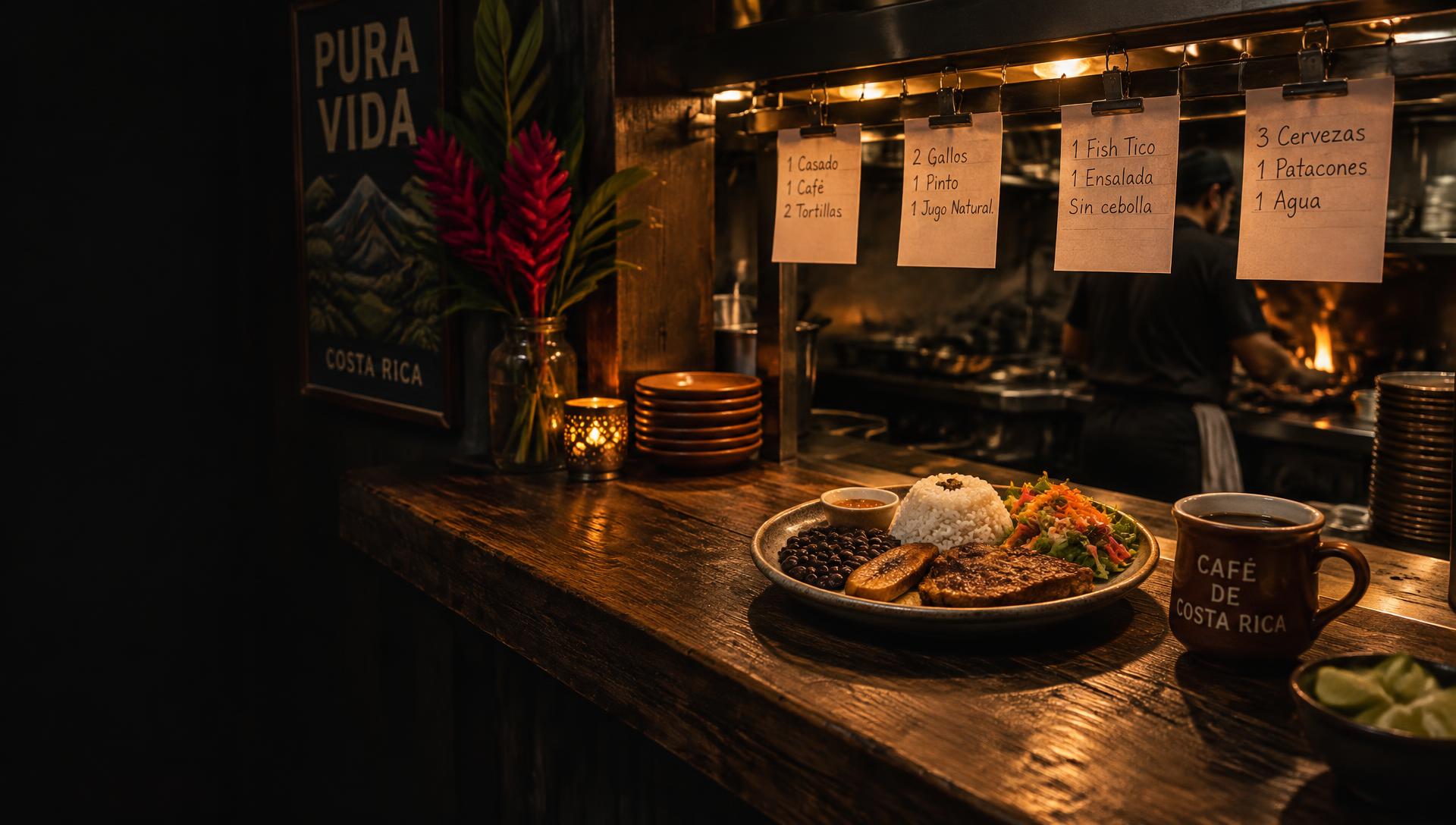 Riel de comandas de papel sobre la barra de un restaurante tico, con un casado y café